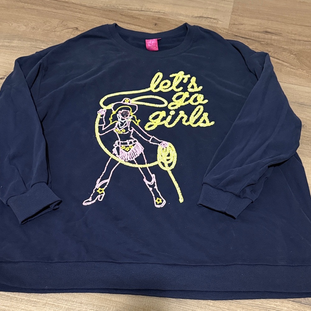 Queen of Sparkles "Let’s Go Girls" Navy Sequin Sweatshirt